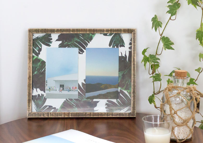 フォトフレーム 壁掛け 写真立て おしゃれ ソテツ リーフ モチーフ 写真 2枚 はがきサイズ ナチュラル 写真立て 木枠 植物 西海岸 ビーチ 男前 インテリア