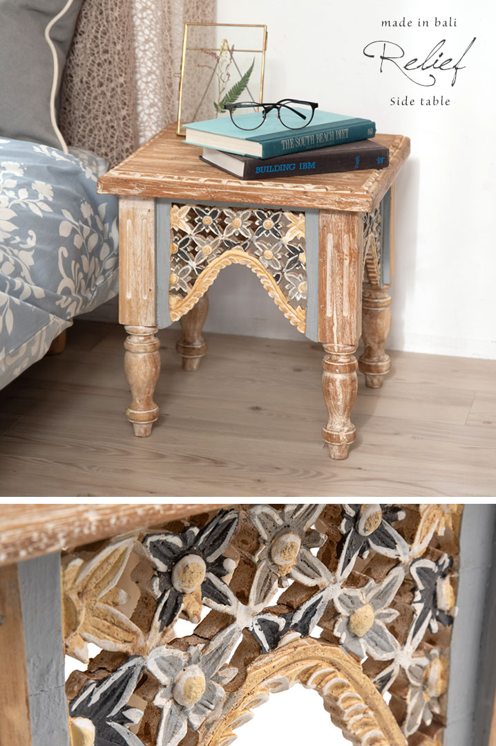 ビンテージ サイドテーブル 木彫り装飾 天然木 スツール - サイド ...