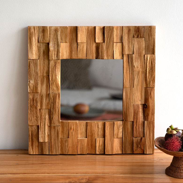 ミラー 壁掛け 木製 フレーム 木枠 正方形 チークウッド