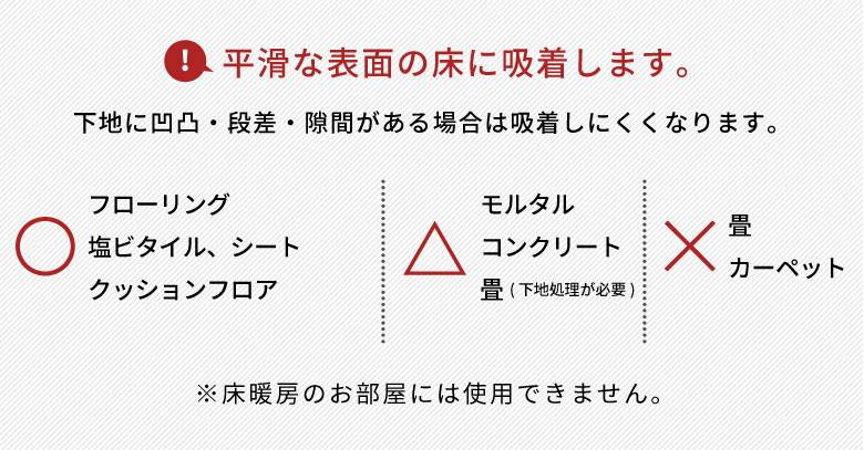 平滑な表面の床に吸着します。下地に凹凸・段差・隙間がある場合は吸着しにくくなります。