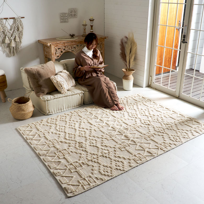 ラグマット 絨毯 約80×140cm マスタード ウール100％ 保温機能 調湿