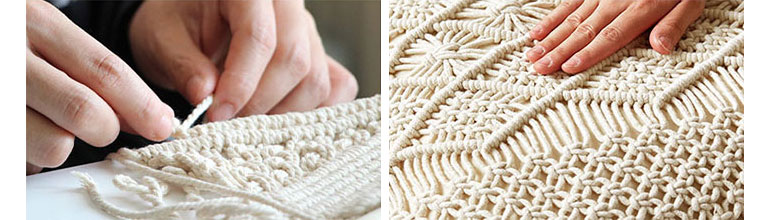 「マクラメ編み」とは手で紐を結んだり編んだりという工程を繰り返し模様を生み出す伝統的な技法のこと