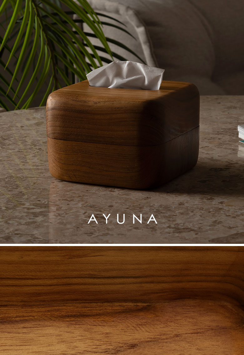 AYUNA アユナシリーズ］チーク無垢材 ティッシュケース 正方形 ハーフ