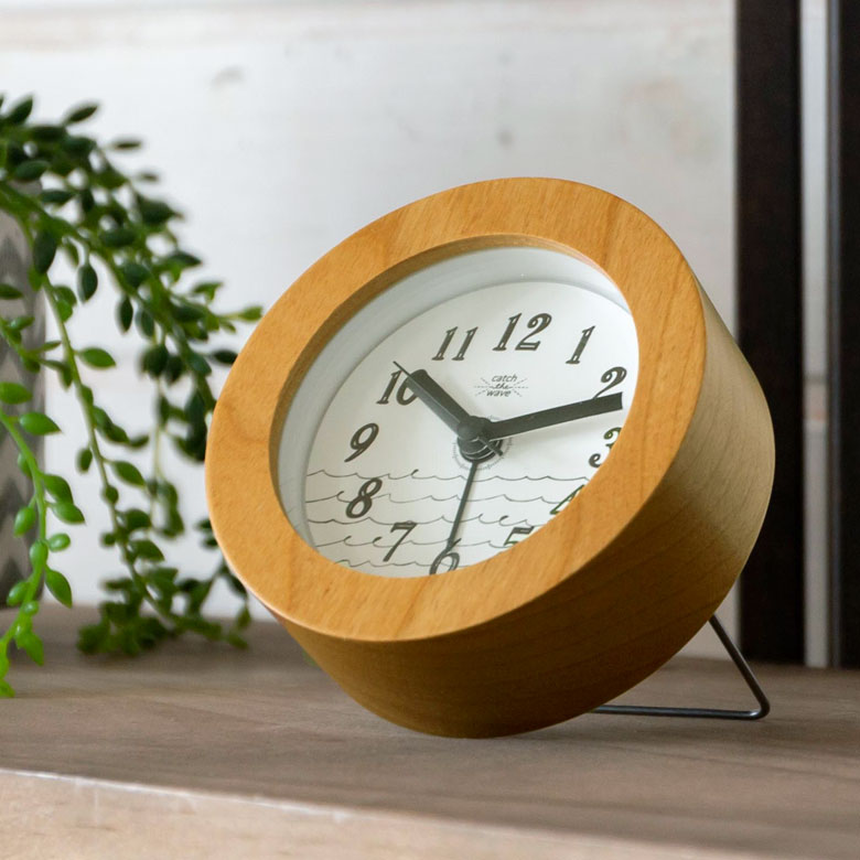 木製台座のシルバー置時計 時計 置時計 丸型 直径10cm 木 ガラス ブルー ネイビー ホワイト