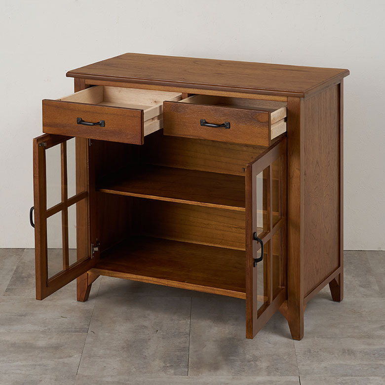 木製キャビネット ガラス扉 引き出し3段 timber land＜25ｂ17＞ ティンバー キャビネット リビングチェスト チェスト 木製 引き出し