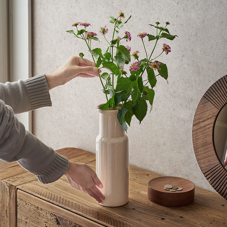 フラワーベース 花瓶 花びん 水入れ可 約 W 9.5cm D 9.5cm H 30cm 陶器 アースカラー クラック 貫入 花器 一輪挿し 花入れ  生花 花入 置き物 オブジェ フェイク グリーン フラワーアレンジメント フラワー ベース おしゃれ 北欧 リゾート インテリア 雑貨