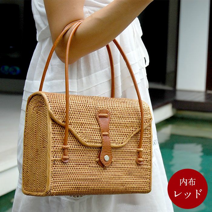 アタで編まれた アジアン かごバッグ Aタイプレッド色 かごバッグ  