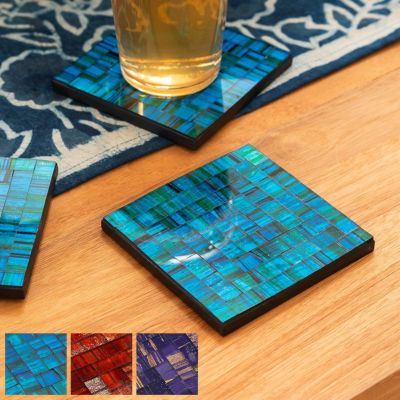 コースター モザイク ガラス タイル スクエア 四角 正方形 約 W 10cm D 10cm H 1cm ブルー オレンジ バイオレット [1048]【 トレイ トレー テーブル ウエア グッズ 小物 キッチン雑貨 コーディネート ハンドメイド 