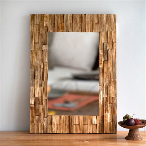 ミラー 壁掛け 木製 フレーム 木枠 正方形 チークウッド ナチュラル L 