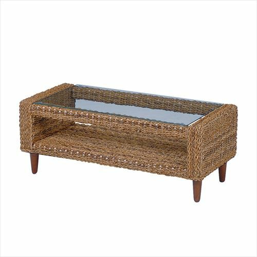 センターテーブル アバカ素材 強化ガラス天板 幅100cm 収納棚付き