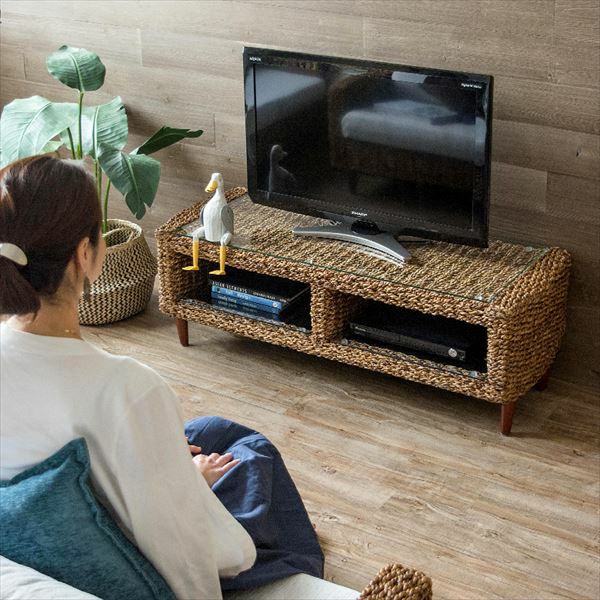 テレビ台 アバカ素材 強化ガラス天板 幅120cm 収納棚付き [96016 