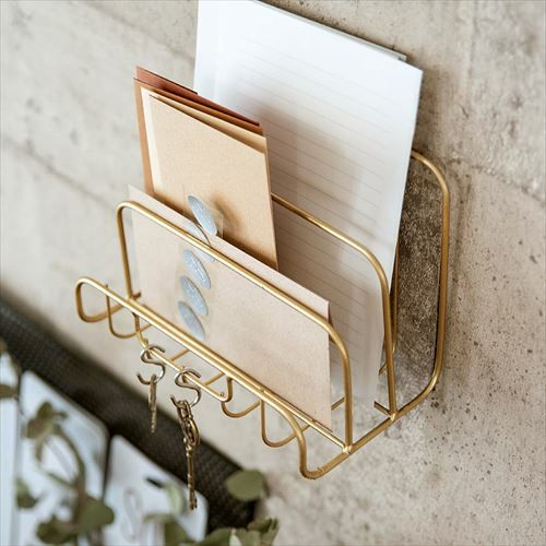 レターホルダー 卓上 仕切り付き ワイヤー ゴールド 幅19cm [66589