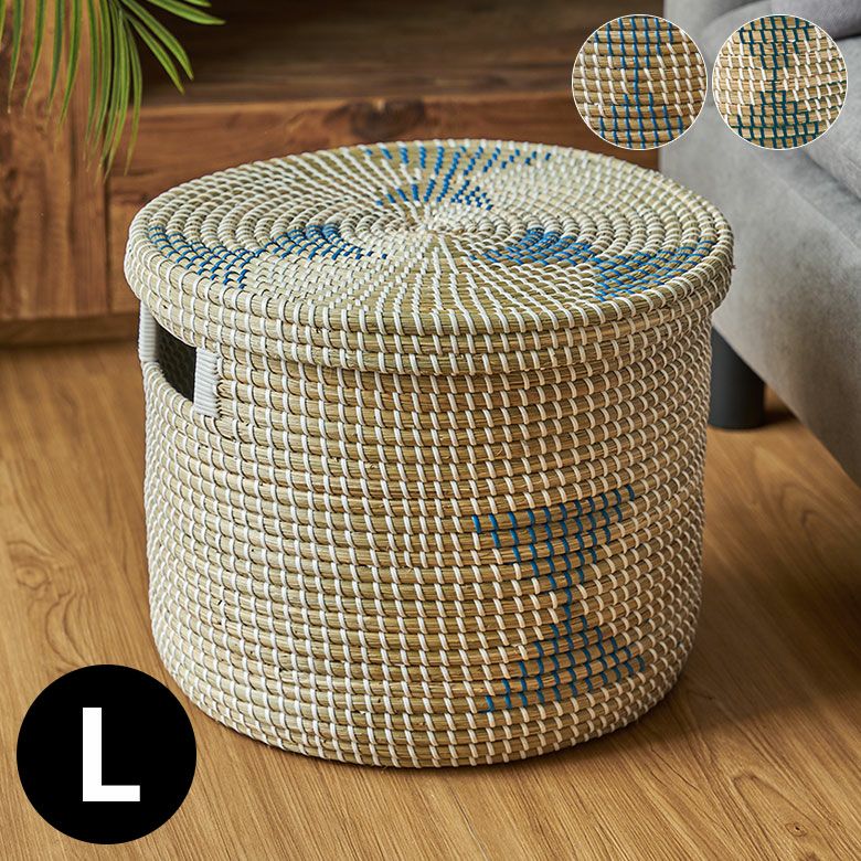 バスケットふた付き持ち手付きアフリカシーグラス製丸型39cm幅Lサイズかごバスケット収納セネガルバスケットサイザルバスケット蓋付きセネガルミニ高さ32cmおしゃれアジアン雑貨アフリカン[va51152]