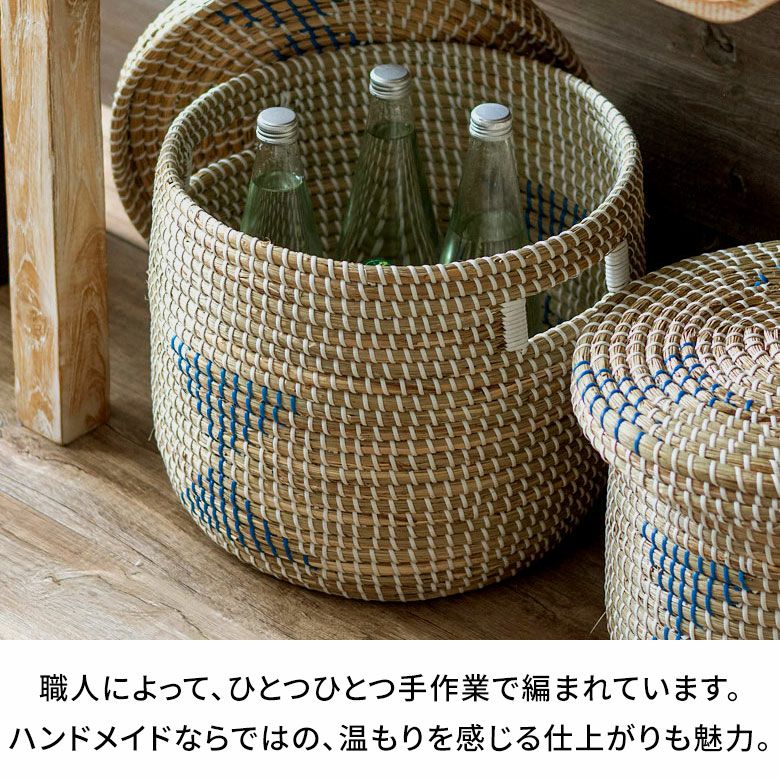 バスケットふた付き持ち手付きアフリカシーグラス製丸型39cm幅Lサイズかごバスケット収納セネガルバスケットサイザルバスケット蓋付きセネガルミニ高さ32cmおしゃれアジアン雑貨アフリカン[va51152]