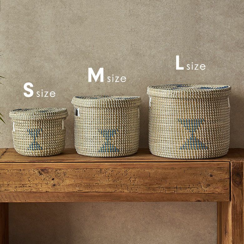 バスケットふた付き持ち手付きアフリカシーグラス製丸型39cm幅Lサイズかごバスケット収納セネガルバスケットサイザルバスケット蓋付きセネガルミニ高さ32cmおしゃれアジアン雑貨アフリカン[va51152]