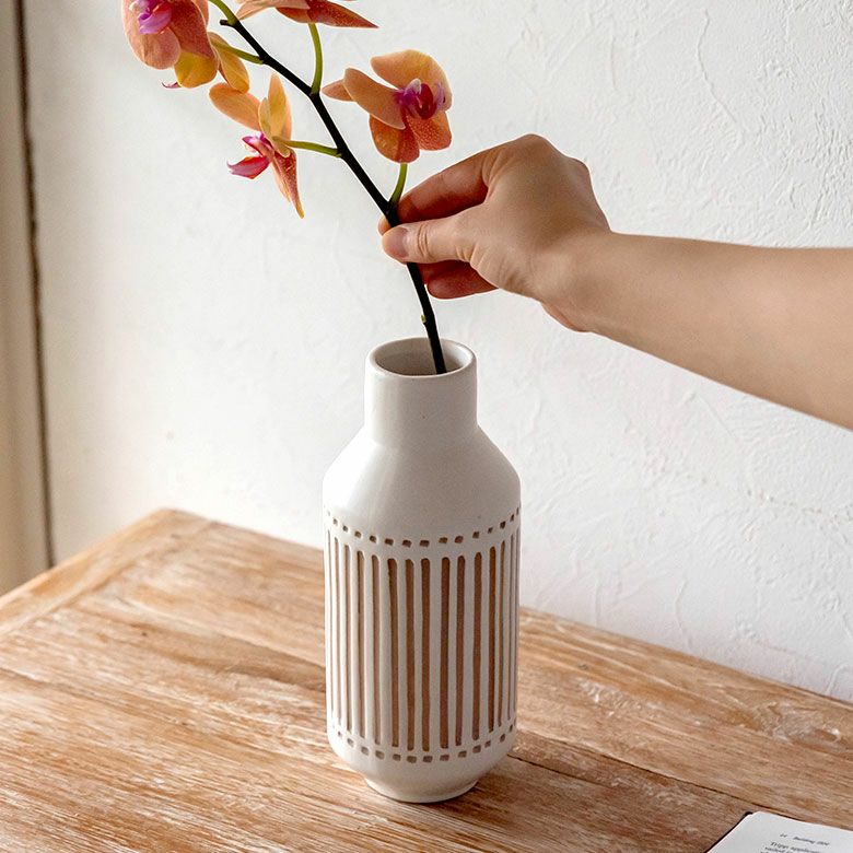 フラワーベース 花瓶 水入れ可 筒形 セラミック製 白 [66722]【 花びん 