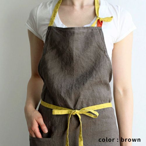 エプロン 長め リネン グレー イエロー ブラウン パープル ブルー