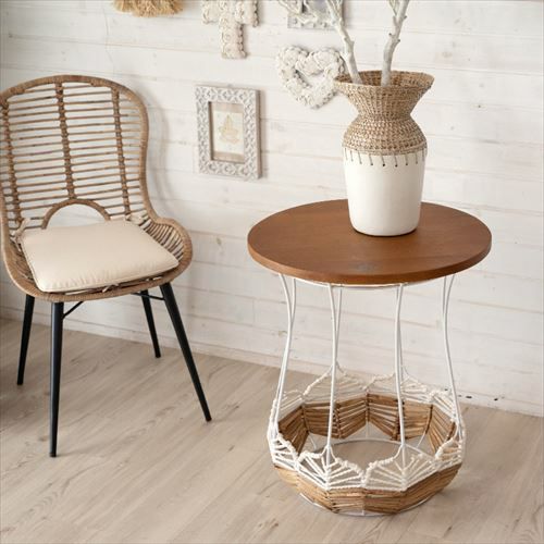 アジアン雑貨ラウンドテーブル ガラス天板 編み込みベース サイド
