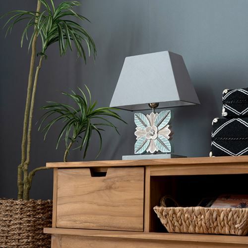 テーブルランプ コットンシェード 木彫り風スタンド グリーンリーフ