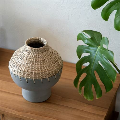 フラワーベース テラコッタ製 ※水入れ不可 シーグラス編み込みデザイン