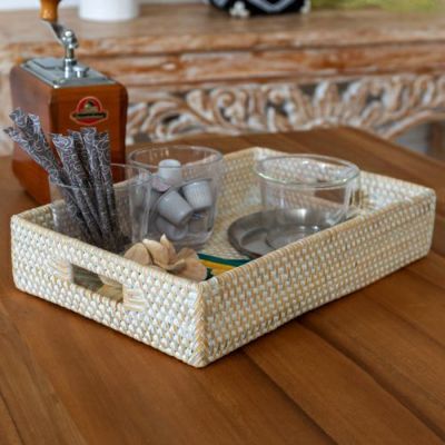 トレイ ラタン製 ホワイトウォッシュ 持ち手付き スクエア型 約30.5×20.5cm 深さ6cm  [13465]【 デコレーショントレイ 小物収納 ラタンバスケット お盆 お盆トレー トレイバスケット アジアン雑貨 おしゃれ 北欧 バ