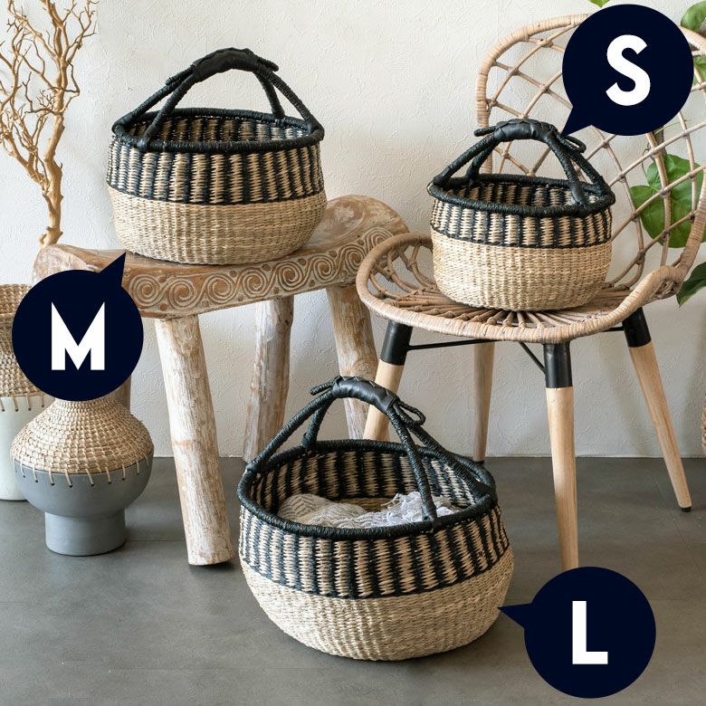 かご バスケット 持ち手 SML3個セット シーグラス製 ラウンド型