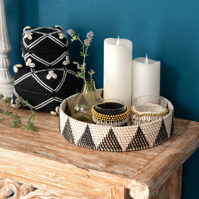 トレイ トレー ラウンドトレイ デコレーショントレイ ラタン製 ボウル