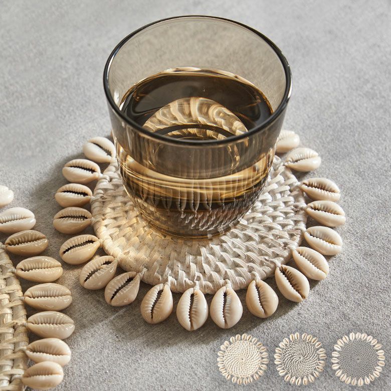 【メール便対応】コースターラタンラウンド約W14cm×D14cm×H0.5cmシェル貝キッチン雑貨[13893]【円型丸形テーブルウェアコーラルターコイズホワイトグレーエスニックおしゃれリゾートアジアン雑貨アジアバリ雑貨】