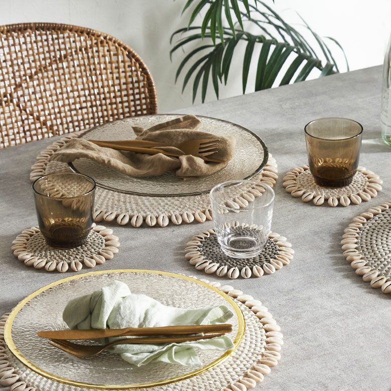 【メール便対応】コースターラタンラウンド約W14cm×D14cm×H0.5cmシェル貝キッチン雑貨[13893]【円型丸形テーブルウェアコーラルターコイズホワイトグレーエスニックおしゃれリゾートアジアン雑貨アジアバリ雑貨】