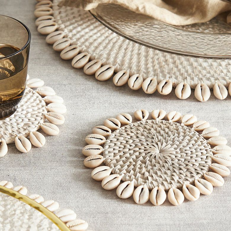 【メール便対応】コースターラタンラウンド約W14cm×D14cm×H0.5cmシェル貝キッチン雑貨[13893]【円型丸形テーブルウェアコーラルターコイズホワイトグレーエスニックおしゃれリゾートアジアン雑貨アジアバリ雑貨】