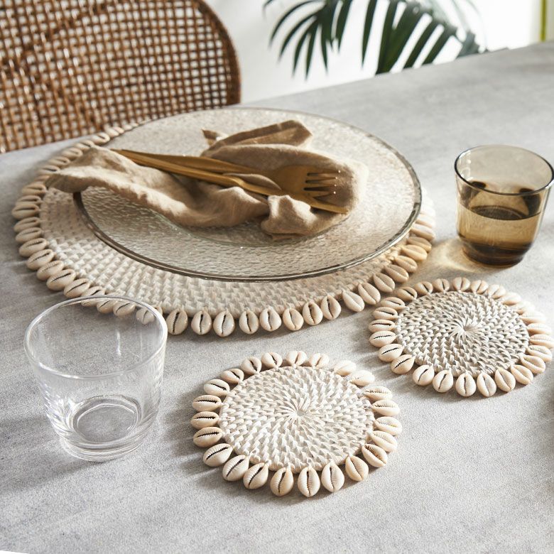 【メール便対応】コースターラタンラウンド約W14cm×D14cm×H0.5cmシェル貝キッチン雑貨[13893]【円型丸形テーブルウェアコーラルターコイズホワイトグレーエスニックおしゃれリゾートアジアン雑貨アジアバリ雑貨】