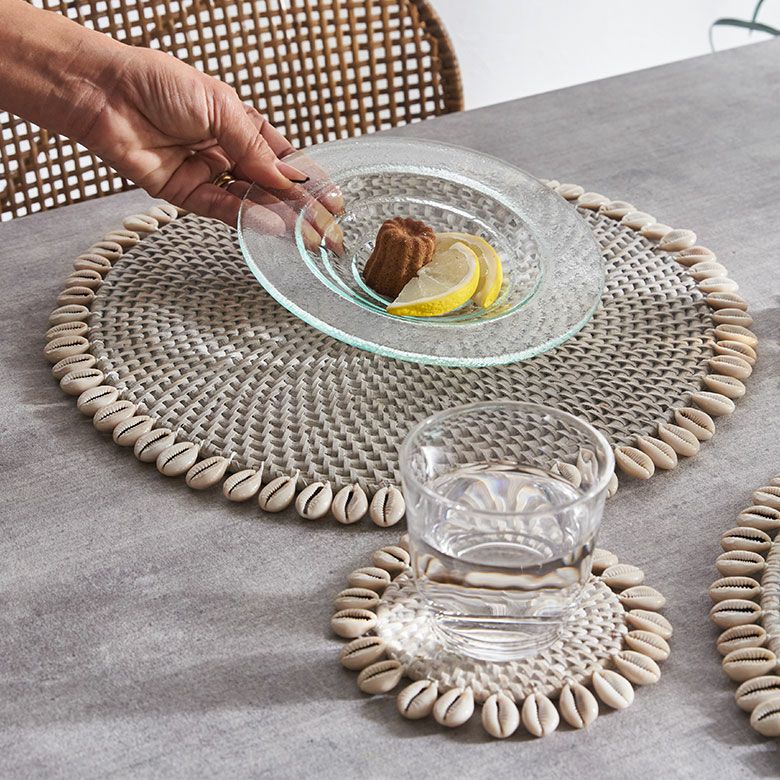 【メール便対応】コースターラタンラウンド約W14cm×D14cm×H0.5cmシェル貝キッチン雑貨[13893]【円型丸形テーブルウェアコーラルターコイズホワイトグレーエスニックおしゃれリゾートアジアン雑貨アジアバリ雑貨】