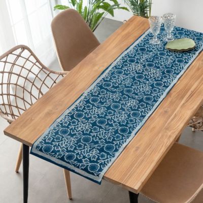 テーブルランナー インド ブロック プリント 柄 綿 コットン W 150cm D 40cm H 0.5cm テーブルライナー ブルー [34452-bl]【 テーブル カバー 布 ダイニング ディナー ランチ キッチン クリスマス パーティー おしゃ