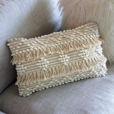 クッションカバー コットン ハンドルーム（手織り） 30×50cm フリンジ デザイン アイボリー Raha ラーハ  [34478]【 長方形 横長 クッション用カバー  ソファ ベッド アウトドア リビング 寝室 おしゃれ BOHO ボー