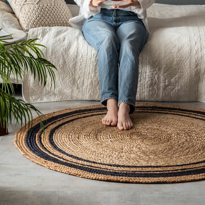 ラグラウンドジュートラグネイビーライン約120×120cm[34531]【ラグマット円形丸天然素材カーペット絨毯じゅうたん夏春秋冬オールシーズンおしゃれ北欧ナチュラルBOHOボーホー海外インテリアアジアン雑貨アジアン雑貨】