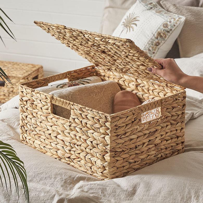 かごバスケット蓋付きLサイズ収納ボックスフタ付き約W43cmD35cmH23cmカゴ収納かご収納バスケット持ち手ハンドル付き荷物おもちゃ衣類入れケースウォーターヒヤシンスナチュラルおしゃれ北欧リゾート雑貨インテリアアジアン[51370]