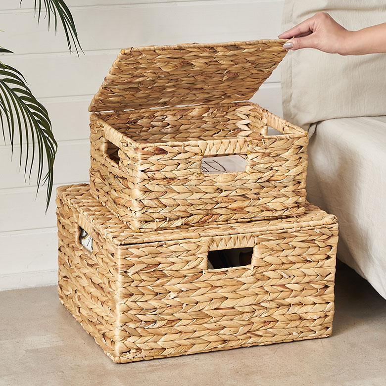 かごバスケット蓋付きML2個セット収納バスケット収納ボックス持ち手ハンドル付き約W43cmD35cmH23cmカゴ荷物おもちゃ衣類収納入れケースウォーターヒヤシンスナチュラルおしゃれ北欧リゾート雑貨インテリアアジアン[set-51369-51370]