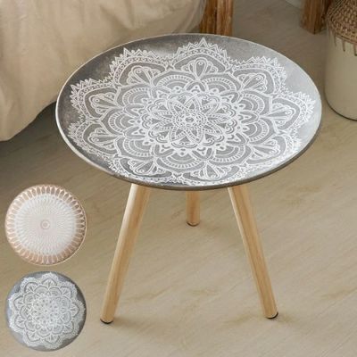 トレーテーブル 天然木 直径 40cm 高さ 37cm テーブル グレー ベージュ   [91544]【 コーヒーテーブル ナイトテーブル ラウンドテーブル モロッコ風 店舗用 カフェ おしゃれ 寝室 ベッドルーム リビング ダイニング 