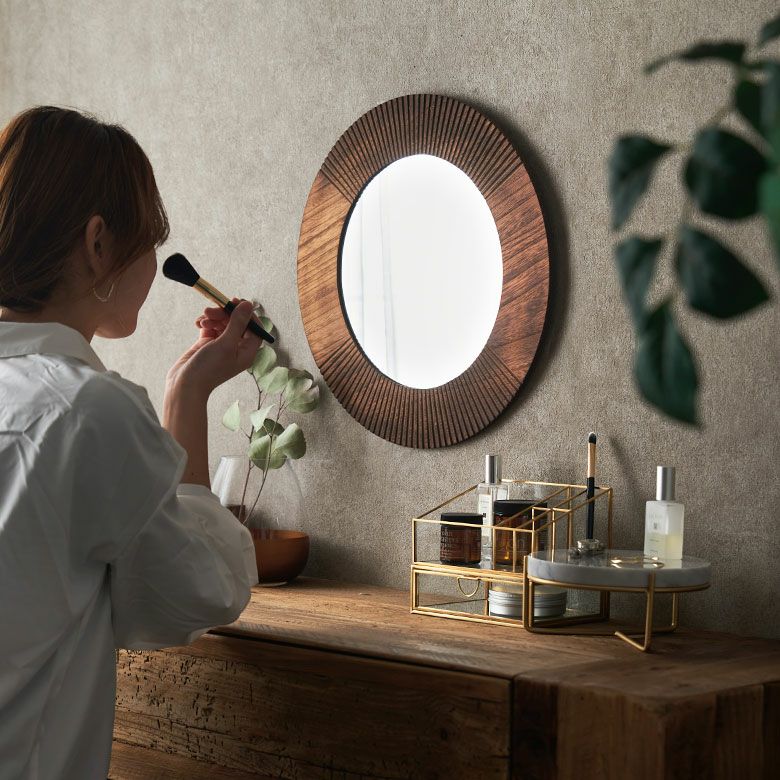 鏡 壁掛けミラー 木製 円形 丸型 約 W42 × D1 × H42 cm 鏡直径 27.5 
