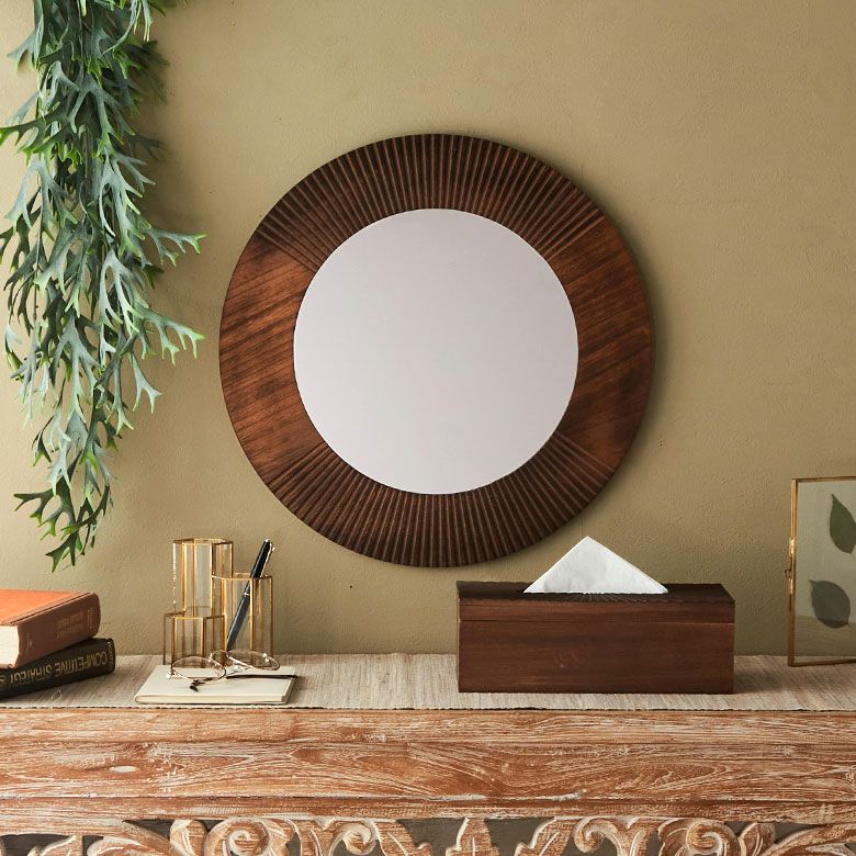 鏡 壁掛けミラー 木製 円形 丸型 約 W42 × D1 × H42 cm 鏡直径 27.5cm 