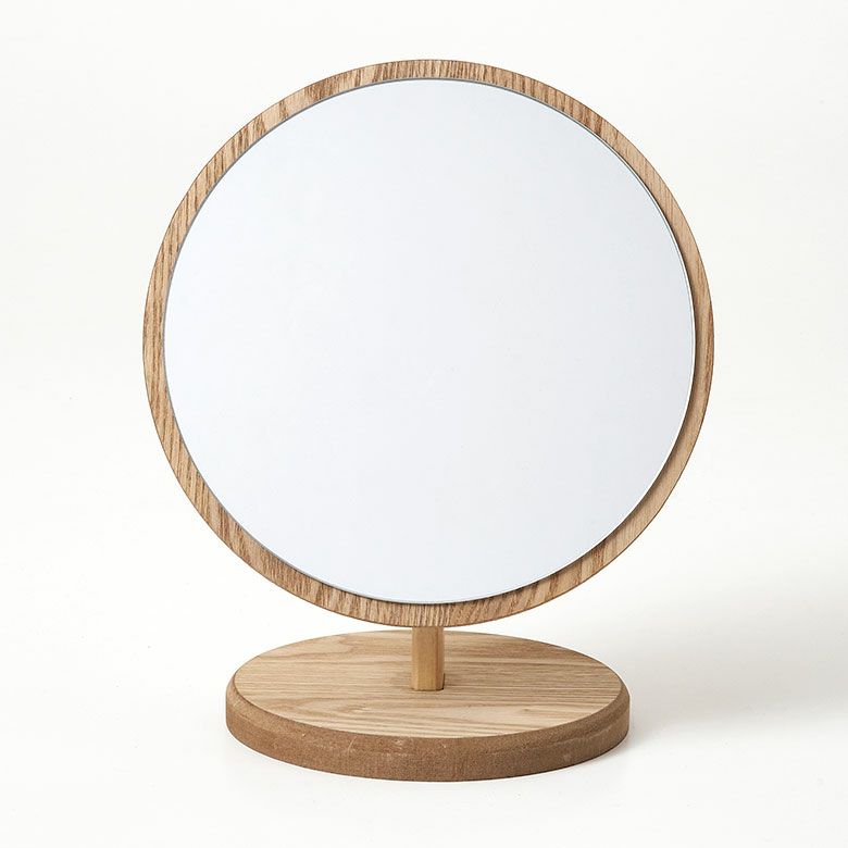 卓上ミラー 卓上鏡 木製 円形 丸型 角度調節 約 W 21 × D 15 × H 25 cm