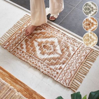 玄関 マット ジュートラグ 麻 綿 コットン シェニール フリンジ付き インド製  約 W 50～60 × D 80～90 × H 1 cm ラグ ラグマット 室内 屋内 50×80 60×90 オールシーズン 春 夏 秋 冬 リバーシブル 2way おしゃ