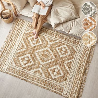 ラグ ラグマット ジュートラグ 麻 綿 コットン シェニール フリンジ付き インド  約1.5畳 約 W 130～140 × D 190～200 × H 1 cm カーペット 絨毯 室内 センターラグ オールシーズン 春 夏 秋 冬 リバーシブル おし