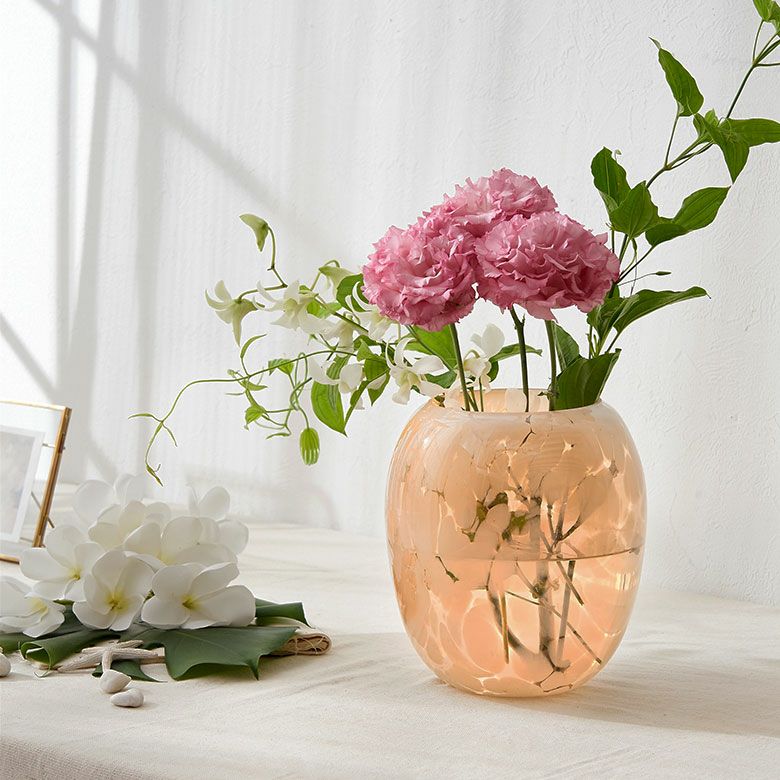 花瓶 ガラス 半透過 ピンク ベージュ ドット柄 上径10.5cm壺型 つぼ型 ...