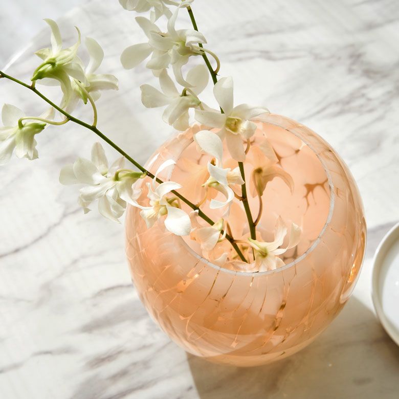 花瓶 ガラス 半透過 ピンク ベージュ ドット柄 上径10.5cm壺型 つぼ型
