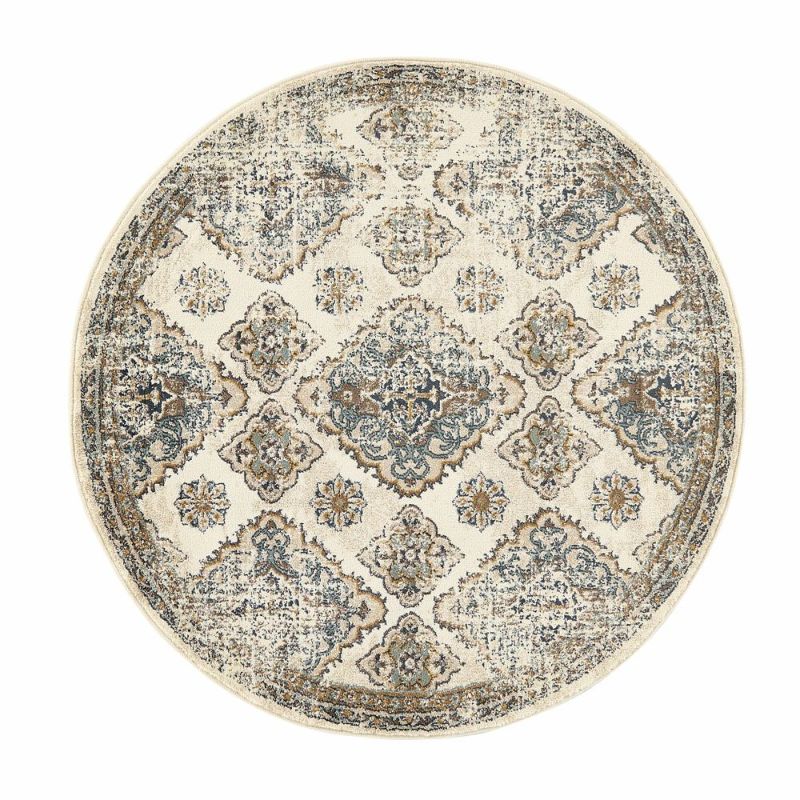 ラグラグマットペルシャ風円形ラウンド径150cm絨毯ウィルトン織りオリエンタル白アイボリー青ブルー約W150cm×D150cm×H1cmカーペットマットアミーラペルシャ絨毯風おしゃれアンティーク風モロッカン韓国インテリア北欧アジアン[eg84261]