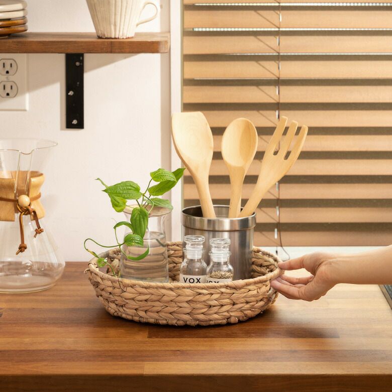 トレイ 円形 ラウンド 浅型 Lサイズ ウォーターヒヤシンス 持ち手付き