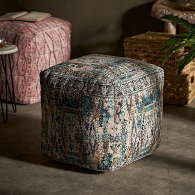 プフ クッション オットマン スツール オールドキリム風 正方形 約 W 40cm D 40cm H 40cm 45角 45cm用 ブルー インド ペルシャ絨毯風 オリエンタル アンティーク風 椅子 イス リビング おしゃれ リゾート モロッカン