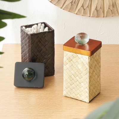 小物入れ パンダン ウッド ガラス ふた付き 約 W  6 cm D  5 cm H  14 cm ベージュ ブラウン 蓋 フタ ふた つき 付き 綿棒ケース 綿棒入れ 綿棒 コットン 化粧道具 メイクブラシ メイク スタンド ブラシ 立て 入れ 