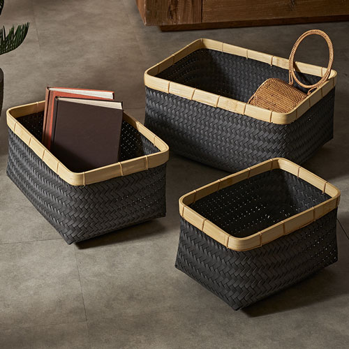 バスケット3個セットかご27.6Lバンブー竹プラスチック約W40cmD30cmH23cmランドリーバスケット耐水レクタングルかごバスケット収納収納バスケット洗濯物入れ荷物入れかばん入れ小物入れおしゃれ北欧雑貨インテリアリゾートアジアン[set-14065]